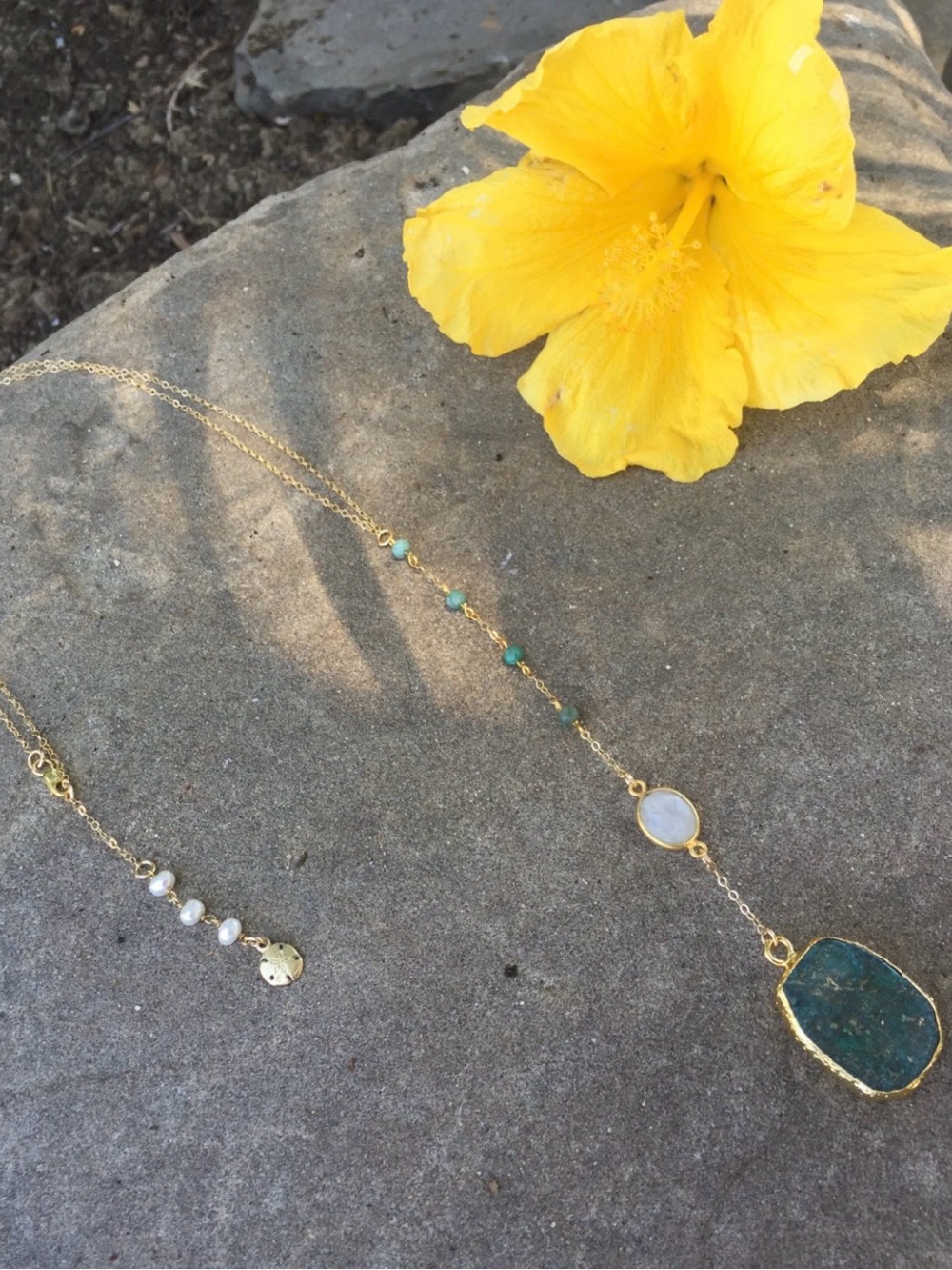 Gold Plated Green Chrysocola and Moonstone Stone  Y Necklace